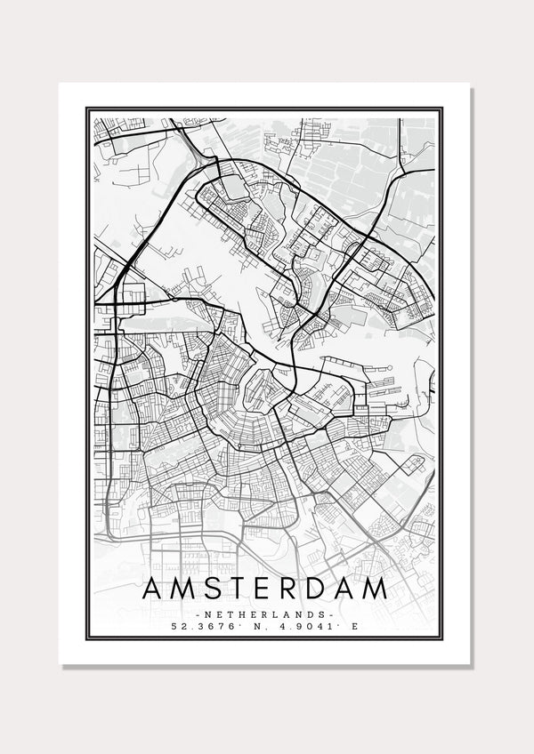 Amsterdam Black & White Map - Wall Art Print