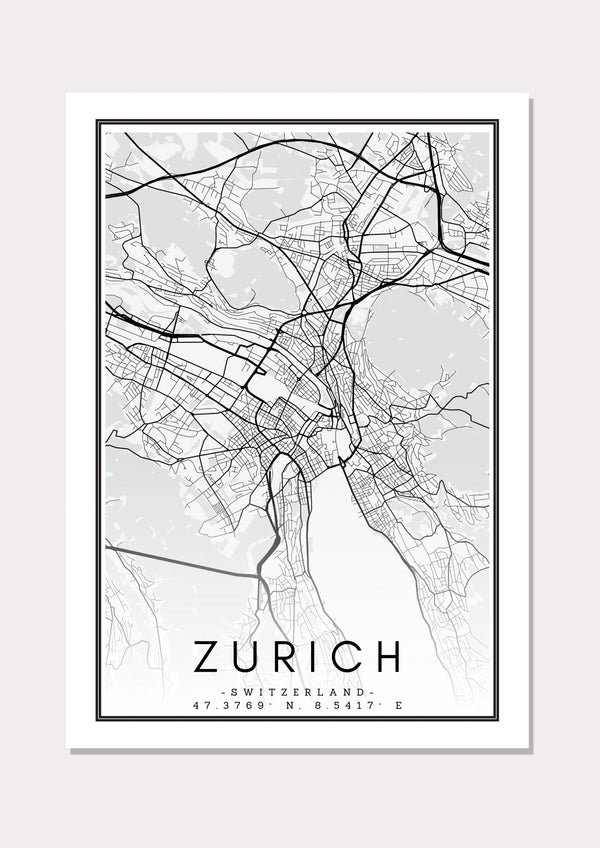 Zurich Black & White Map - Wall Art Print