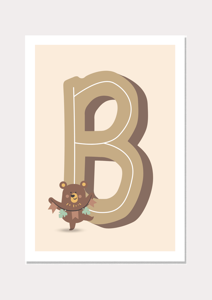 Whimsical print featuring the letter 'B' accompanied by a joyful dancing bear, playfully celebrating the alphabet with the delightful message, 'B is for Bear.' The artwork adds a charming touch to early learning and nursery decor