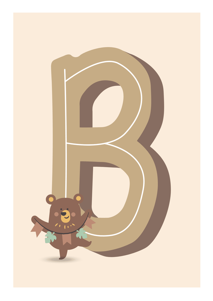 Whimsical print featuring the letter 'B' accompanied by a joyful dancing bear, playfully celebrating the alphabet with the delightful message, 'B is for Bear.' The artwork adds a charming touch to early learning and nursery decor