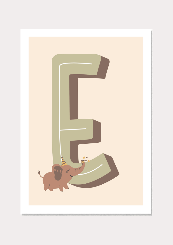 Nusk's 'E Is For Elephant' Wall Art Print - A captivating addition to kids' wall home decor, this charming wall art print brings playful, educational charm to their space.