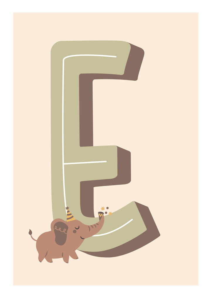 Explore 'E Is For Elephant' Wall Art Print by Nusk - A delightful piece of wall art for kids' spaces, combining learning and style seamlessly.